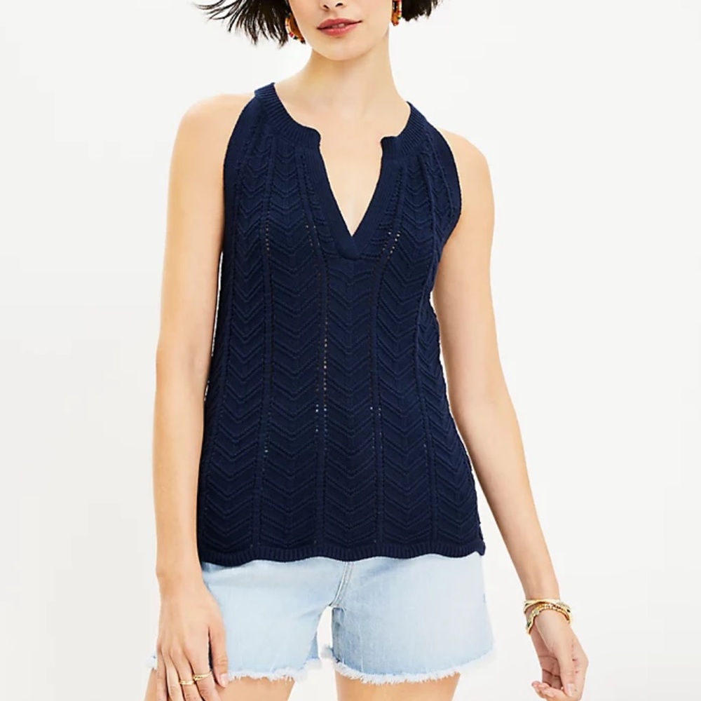 LOFT scalloped split neck halter sweater (color is deep space blue)